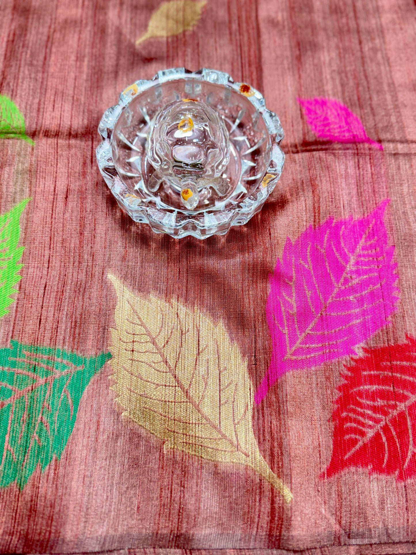 Multicolour Leaf Semi Raw Silk Saree with Temple Border and Blouse – Handwoven Style Festive Wear