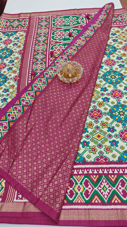 PS-B03 - Cream and wine purple floral Patola Sigma silk saree with belt - blouse piece
