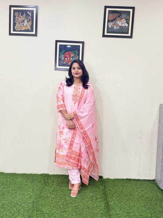 Cotton Schiffli Digital Print Suit Set with Muslin Dupatta and Khatli Handwork – L to 3XL