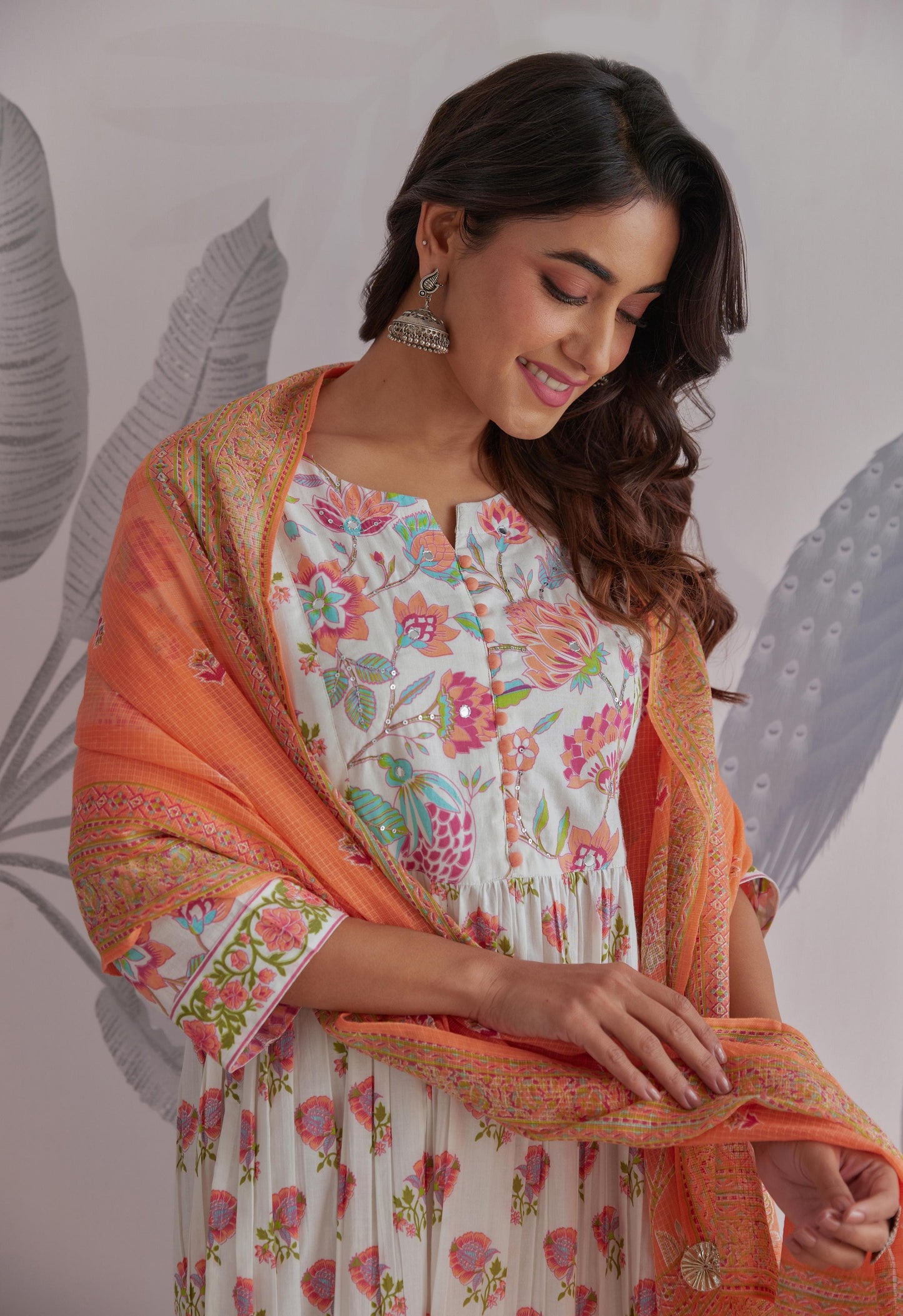 Cotton Anarkali Kurta Pant Dupatta Set with Ethnic Detailing for Women