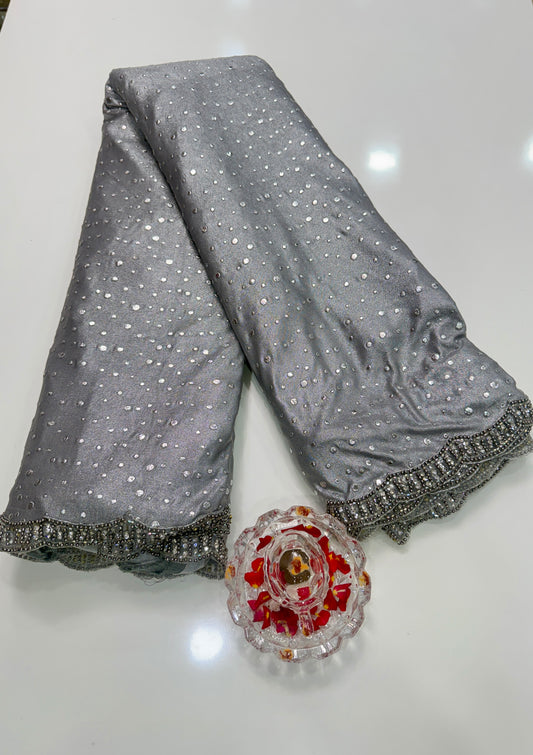 Silver Grey Sequin Saree for Women – Fancy Designer Fabric with Diamond Stone Border and Matching Blouse