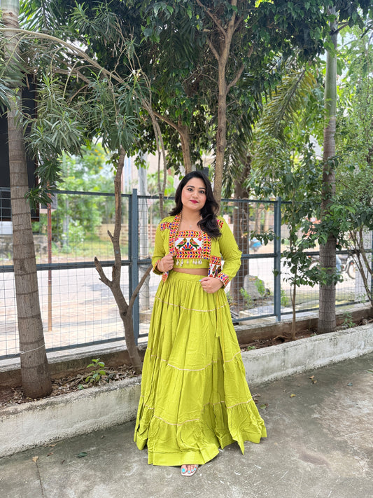 Rayon Lehenga Choli with Embroidered Gamthi Work Koti and Cowrie Lace – Navratri and Festive Wear