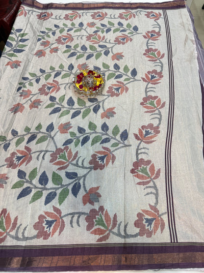 Raw tussar silk saree with smart floral design and soft marmo finish, printed border saree