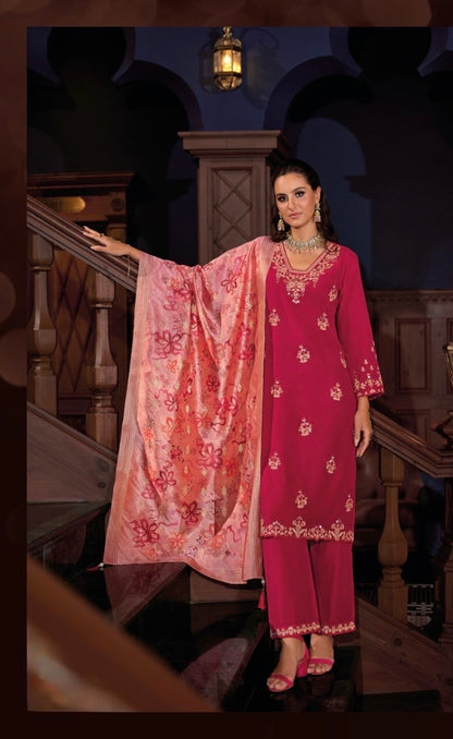 Viscose Silk Embroidered Kurta Plazzo Dupatta Set with Mirror Work and Printed Dupatta – XL & XXL