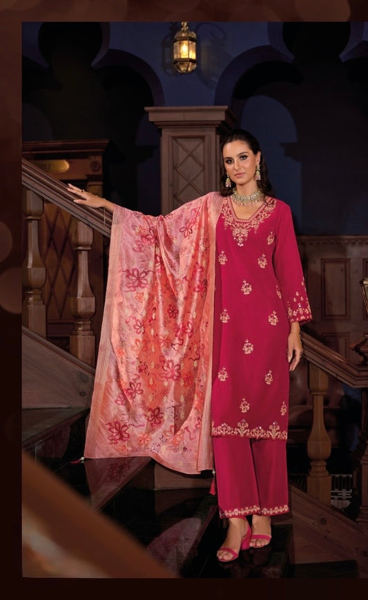Viscose Silk Embroidered Kurta Plazzo Dupatta Set with Mirror Work and Printed Dupatta – XL & XXL