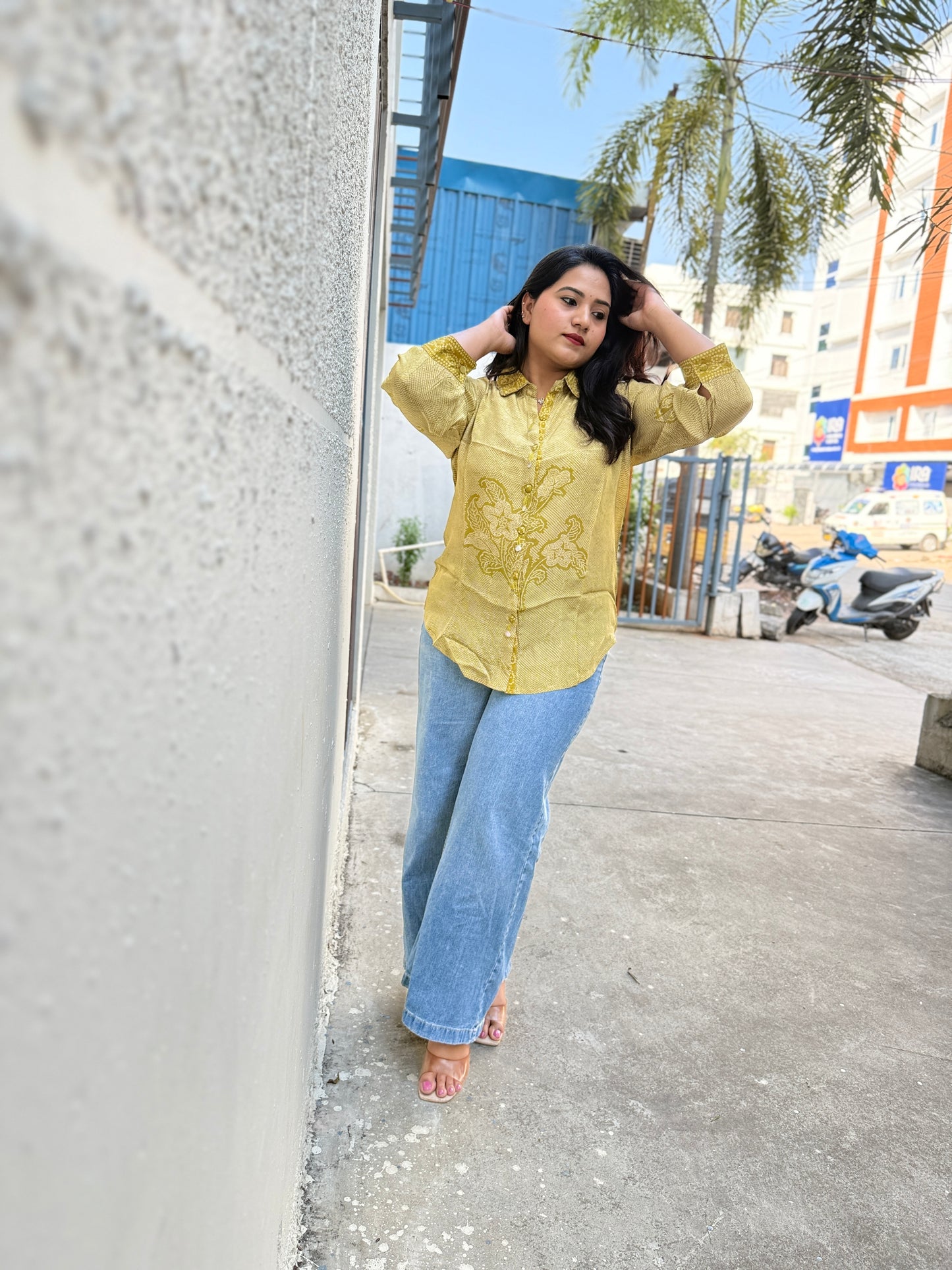 Crepe Bandhani Printed Top with Pintuck Detailing and Metal Buttons for Women