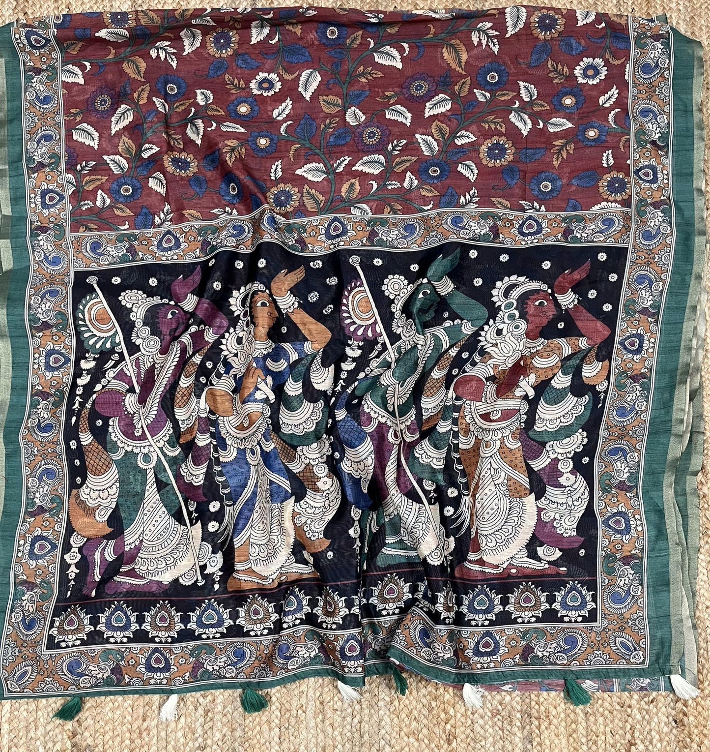 Mul Chanderi Cotton Saree with Kalamkari Print, Golden Zari Piping, and Batik Blouse – Ethnic Wear for Women