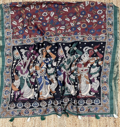 Mul Chanderi Cotton Saree with Kalamkari Print, Golden Zari Piping, and Batik Blouse – Ethnic Wear for Women