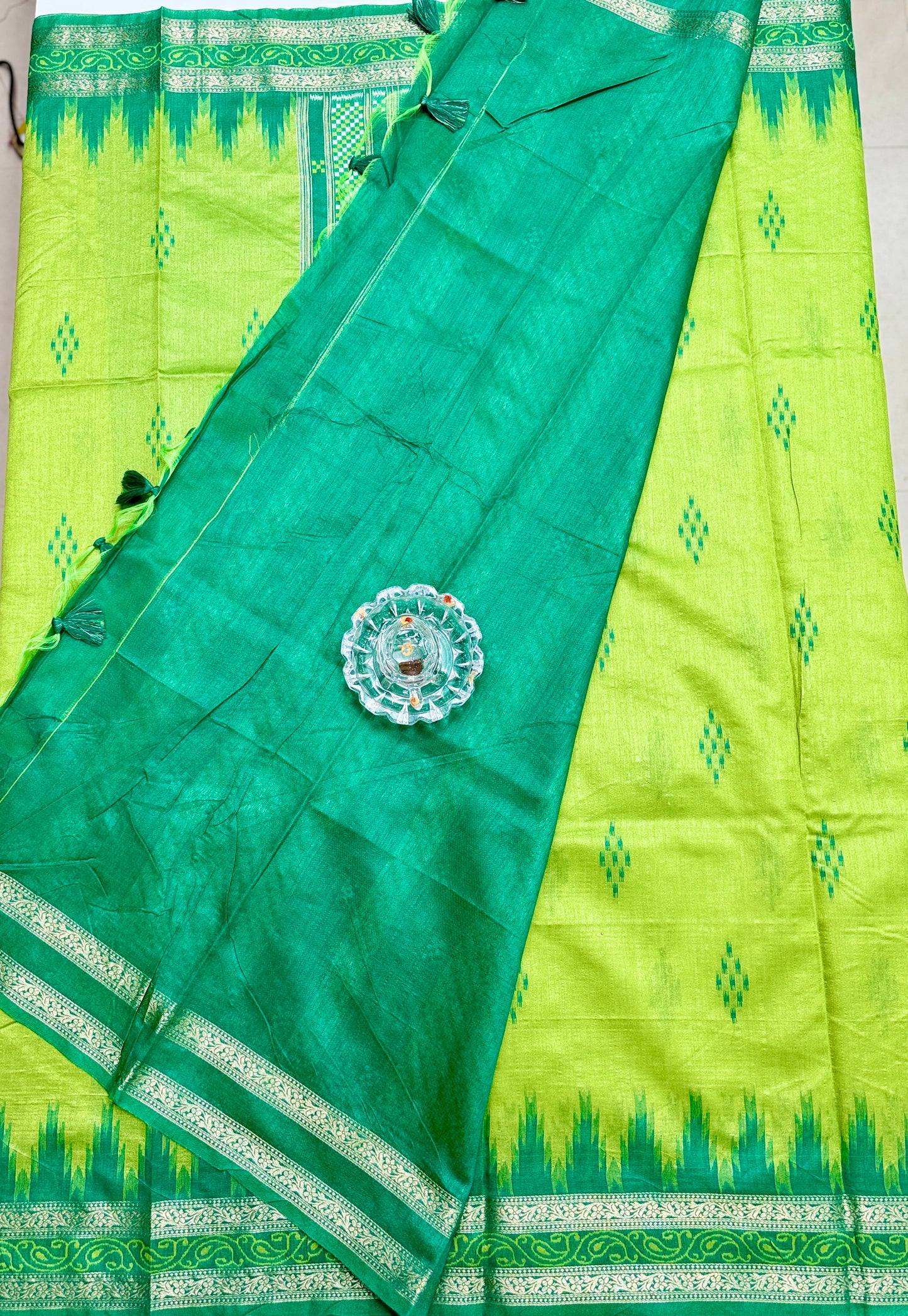 Semi Raw Silk Saree with Temple Border and Blouse – Handwoven Style Festive Wear