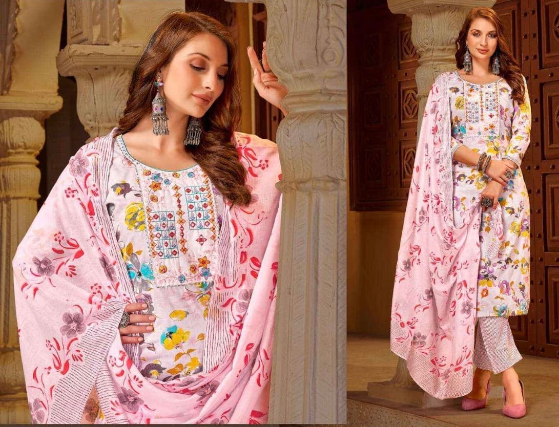 Unstitched Rayon Dress Material with Jaipuri Embroidery Handwork and Mal Printed Dupatta
