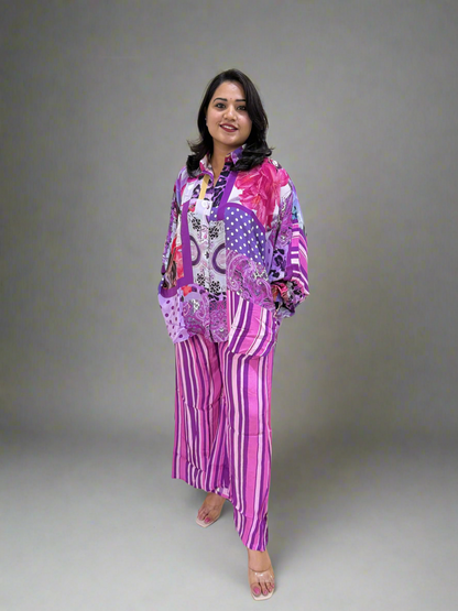 Viscose Crepe Digitally Printed Top with Matte Satin Digitally Printed Bottom – Women’s Fusion Wear Set (L to 2XL)