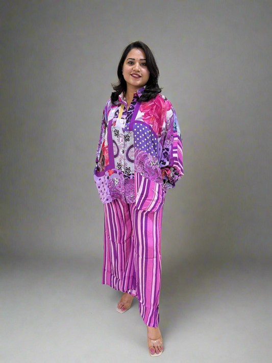 Viscose Crepe Digitally Printed Top with Matte Satin Digitally Printed Bottom – Women’s Fusion Wear Set (L to 2XL)