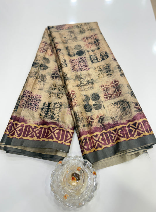 Semi Tussar Silk Saree with Ethnic Print Border and Tassel Pallu, Geometric Prints
