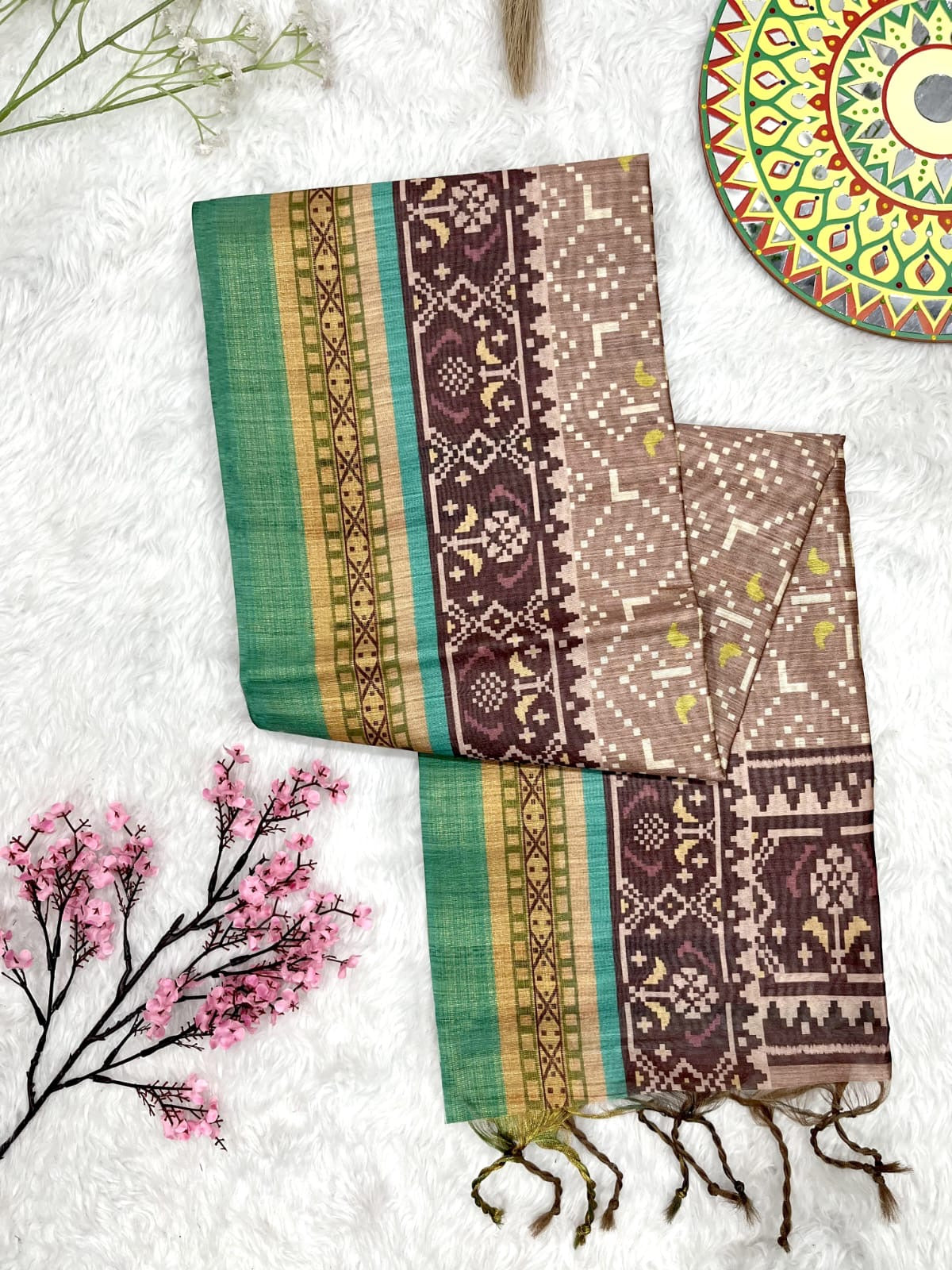 Soft Raw Silk Ikat Print Saree with Tassel Border and Contrast Blouse Piece