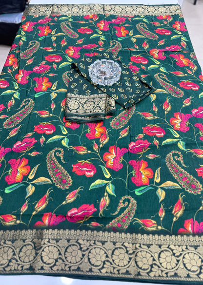 Pure Viscose Crepe silk saree with digital floral print and woven zari border for women