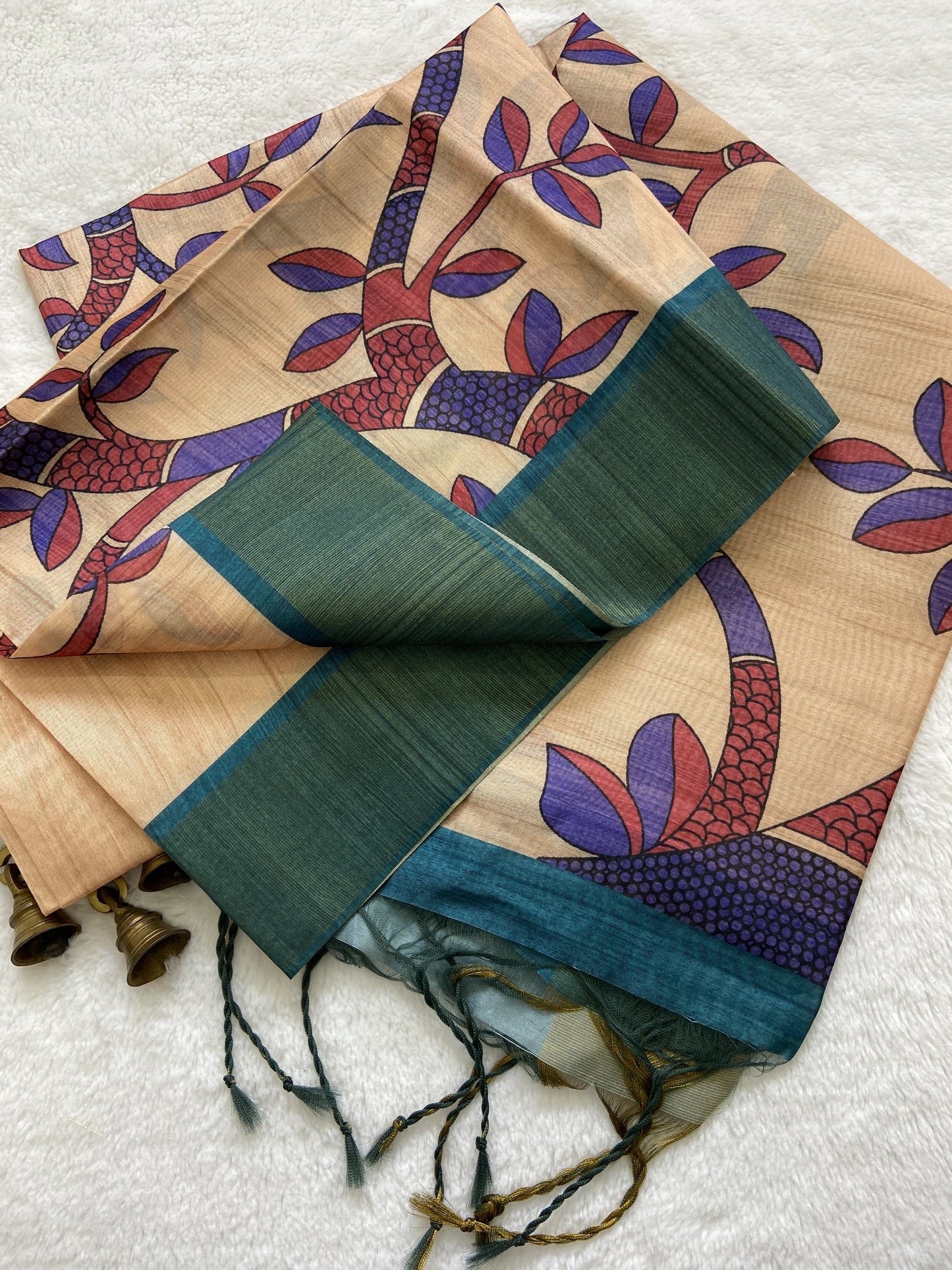 Soft Tussar Silk Printed Saree with Contrast Blouse, Tassels, and Designer Pallu