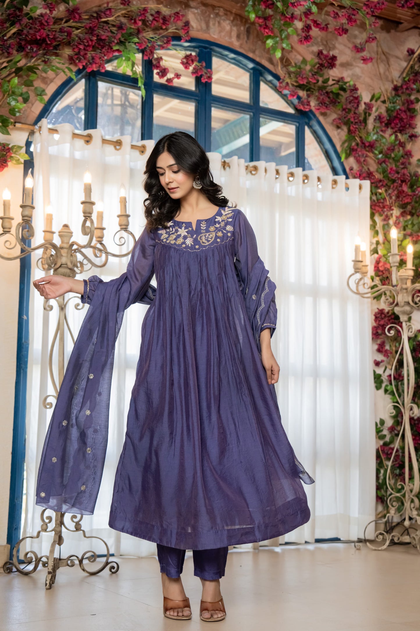 Chanderi Anarkali Kurti Pant Dupatta Set with Elegant Handwork for Women