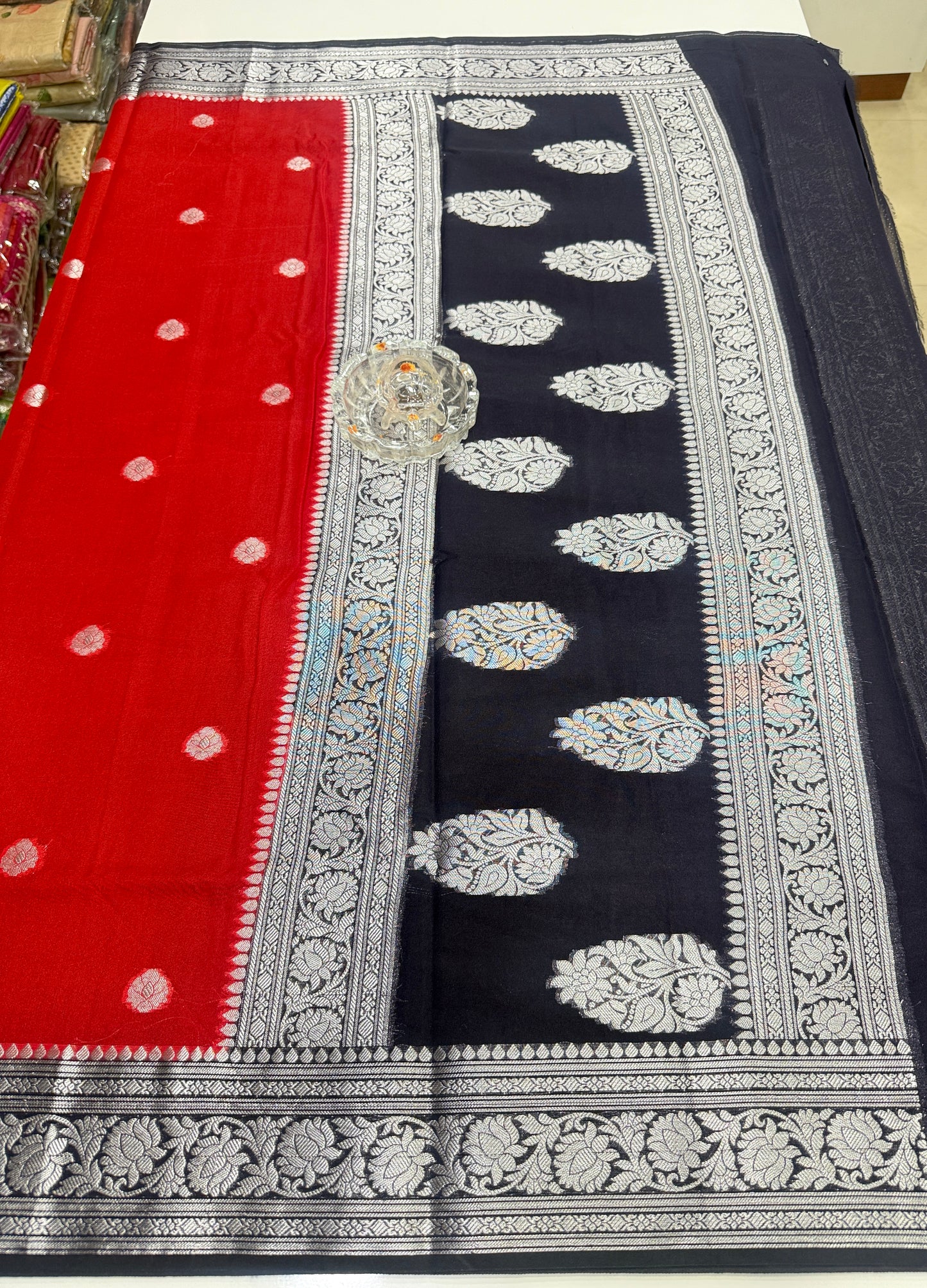 Banarasi semi georgette silk saree with silver zari buti design, contrast pallu and woven border for women