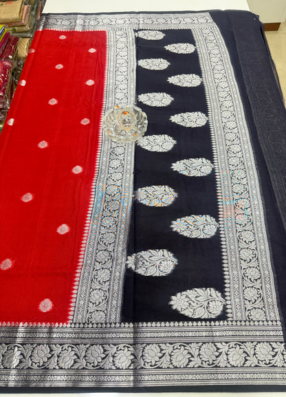 Banarasi semi georgette silk saree with silver zari buti design, contrast pallu and woven border for women