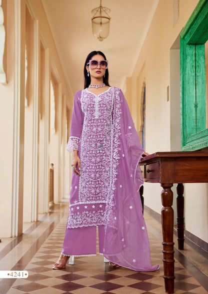 Muslin Kurti Palazzo Dupatta Set with Embroidery and Organza Dupatta for Women – L to 3XL