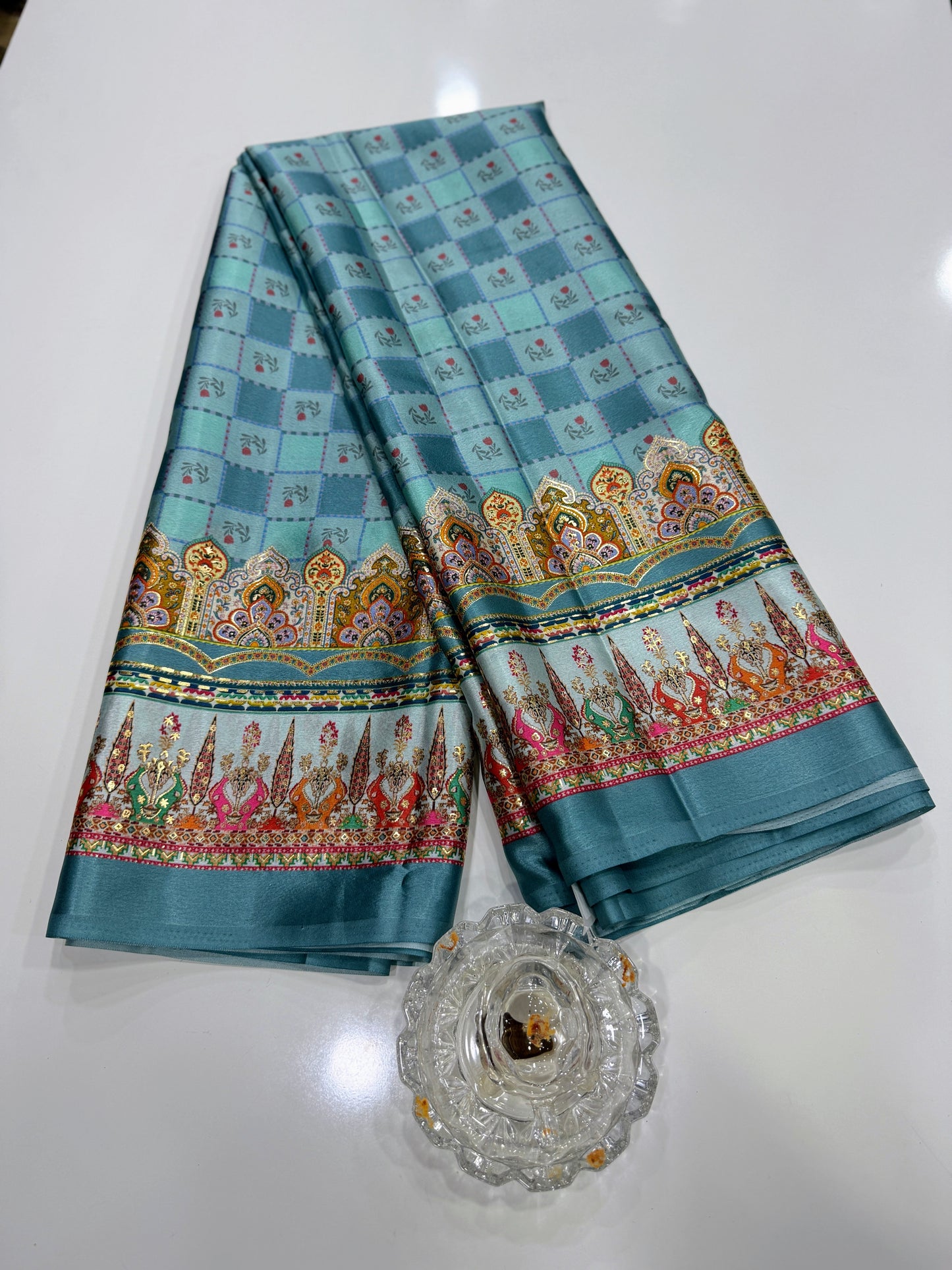 Japan satin saree for women with position print pallu and blouse, soft satin printed saree for festive and casual wear