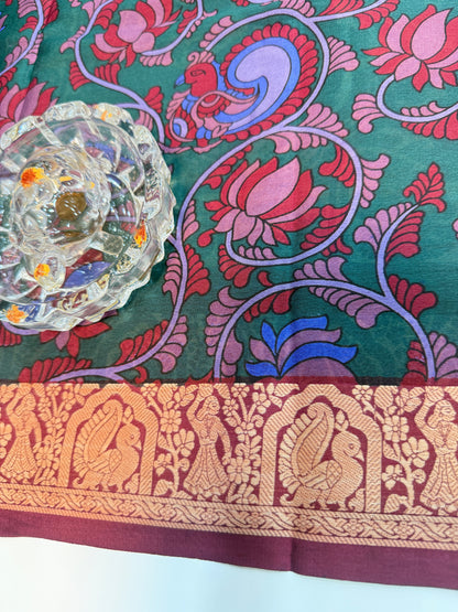 Pure Crepe Mysore Silk Saree for Women – Kalamkari Print with Kathan Border, 75 Gram, Silk Mark Certified