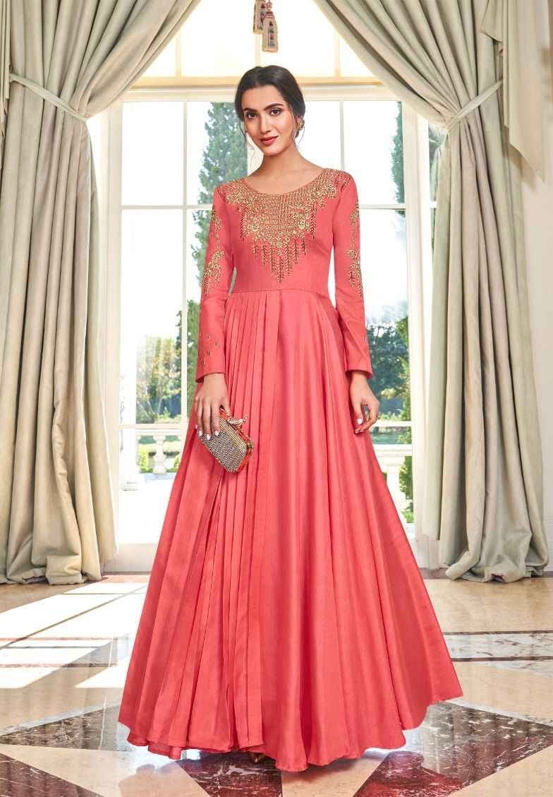 Muslin Silk Embroidered Gown for Women with Handwork and Malai Crepe Inner – 56+ Inch Length