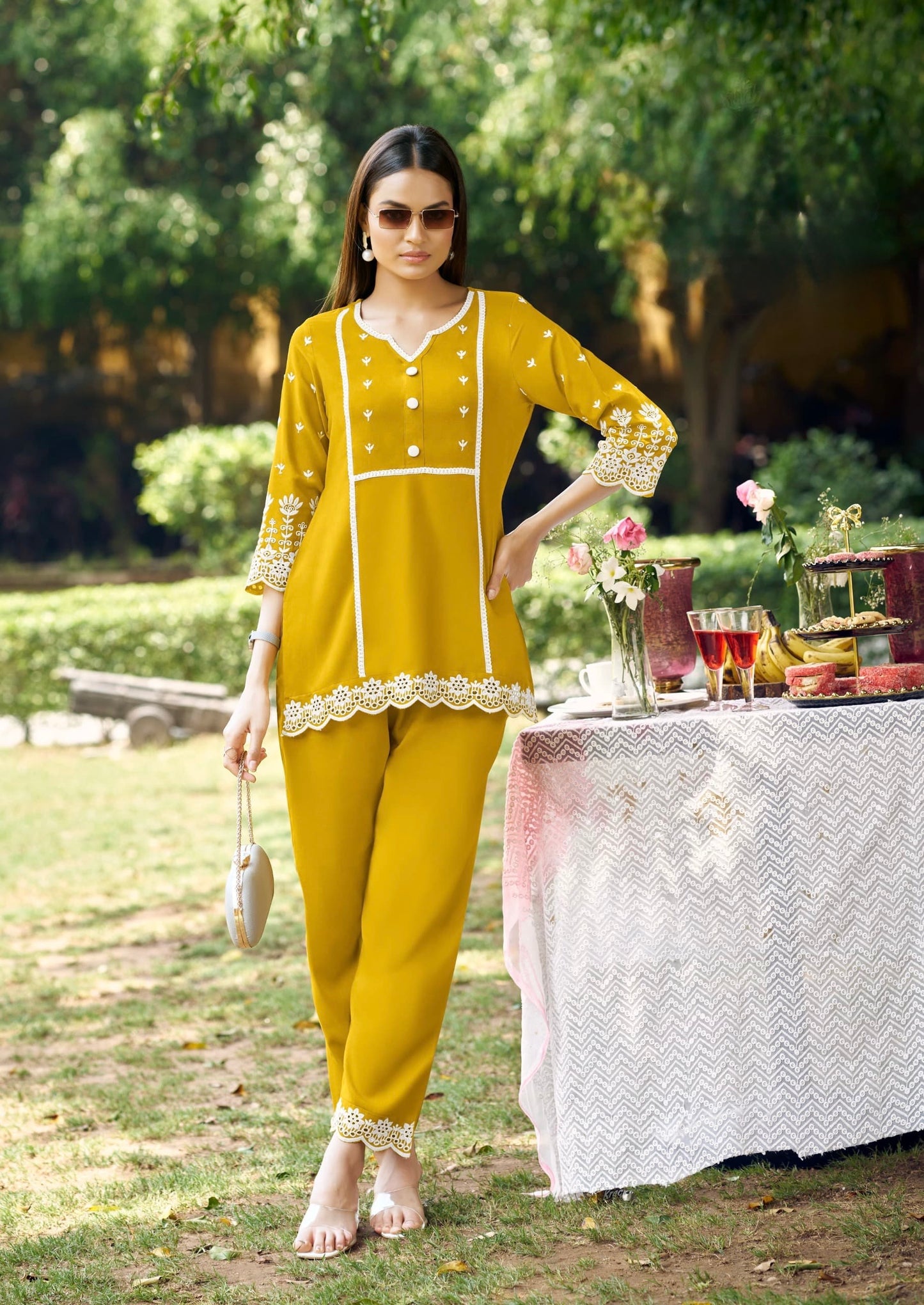 Viscose Rayon Coat Style Set with Schiffli Work and Lace Border – Ethnic Wear for Women (XL & XXL)