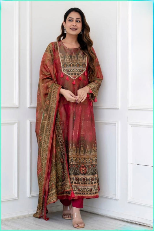 Tissue Shimmer Anarkali Suit Set with Digital Print Sequin Beadwork and Shimmer Dupatta for Women