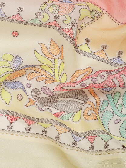 Soft Pure Linen Saree with Floral Print, Kantha Lotus Border, Zari Lining, and Running Blouse