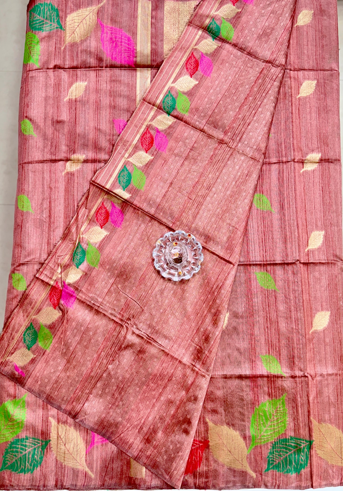 Multicolour Leaf Semi Raw Silk Saree with Temple Border and Blouse – Handwoven Style Festive Wear