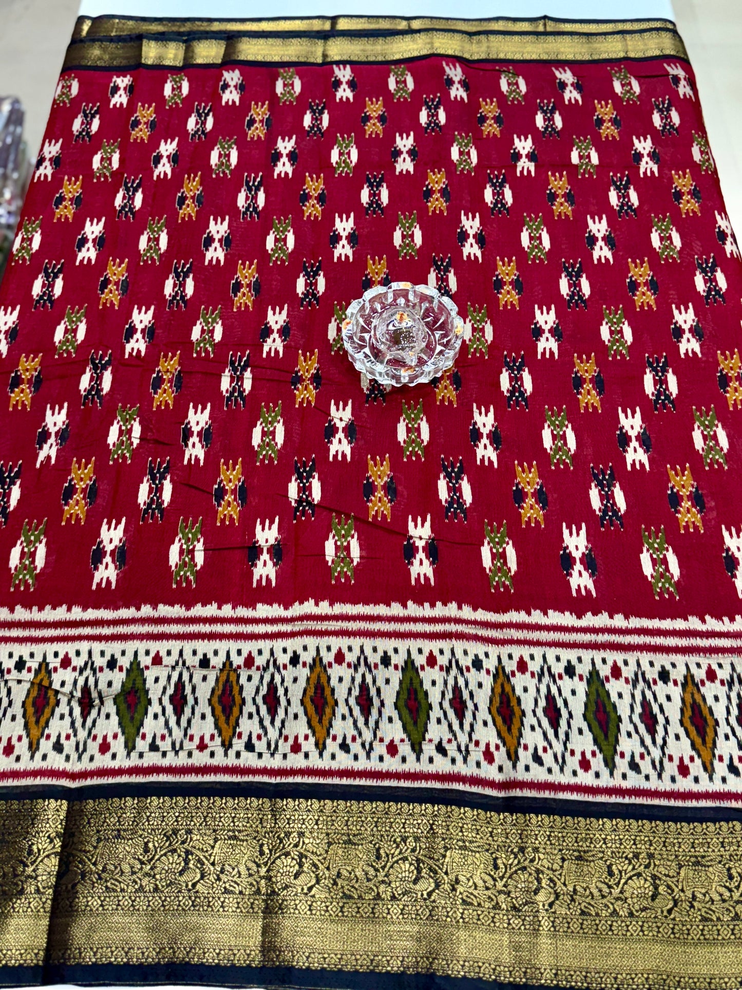 Semi Maheshwari Silk Saree with Zari Border & Ikat Style Weaving for Women