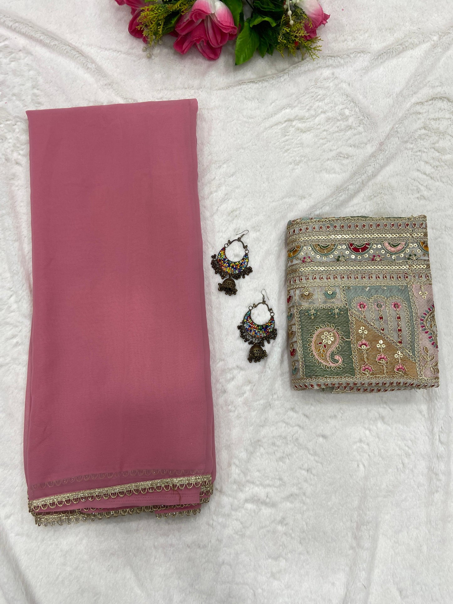 Women’s Georgette Saree with Lace Border and Heavy Embroidery Coding Work Designer Blouse