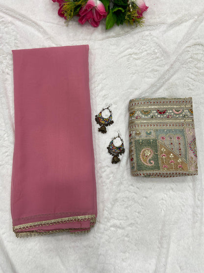 Women’s Georgette Saree with Lace Border and Heavy Embroidery Coding Work Designer Blouse