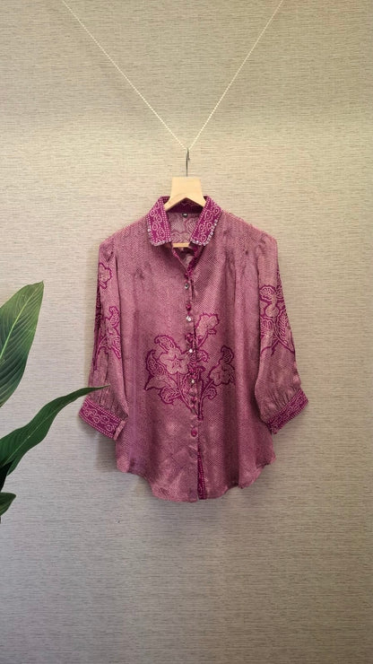 Crepe Bandhani Printed Top with Pintuck Detailing and Metal Buttons for Women