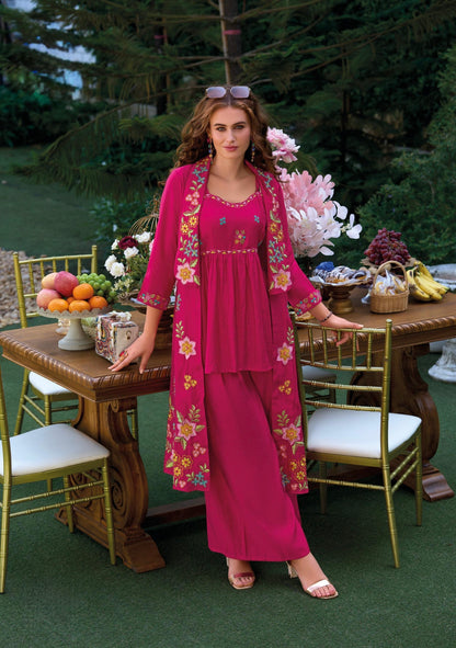 Viscose Organza 3-Piece Suit Set with Hand Embroidery and Silk Pants for Women