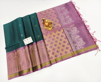 Pure Soft Silk Handloom Saree for Women – Double Warp Borderless Design with Gold Zari and Contrast Blouse