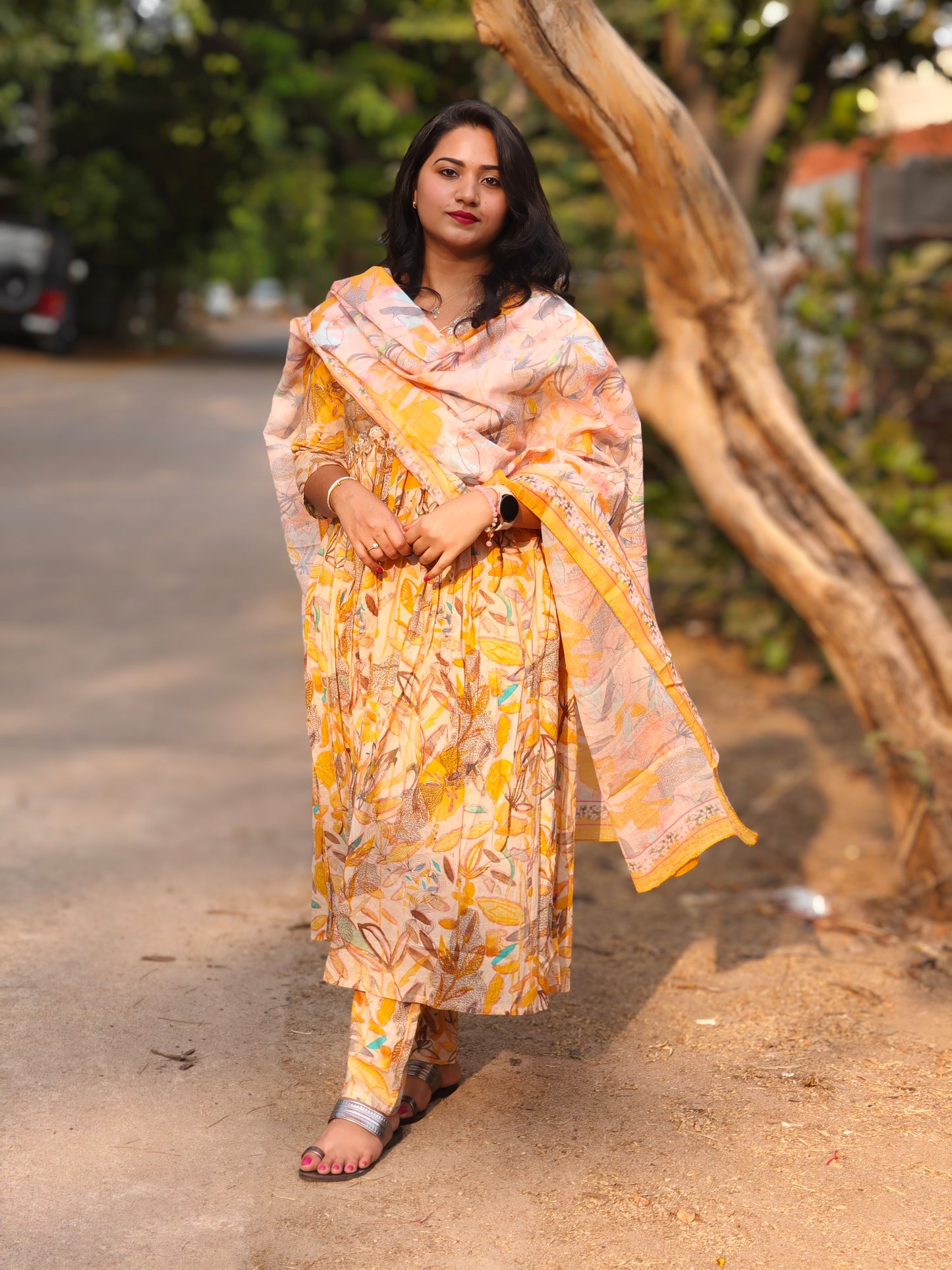Yellow Cotton Mal Alia Suit with Digital Print, Khatli Work, and Dupatta – Size 2XL