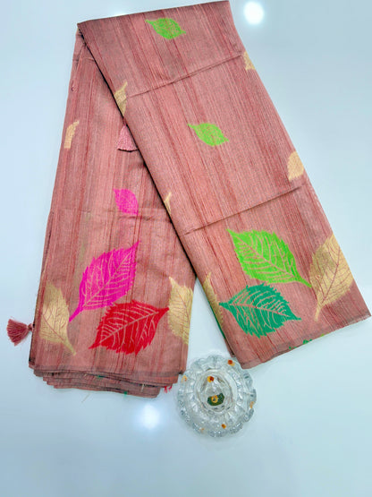 Multicolour Leaf Semi Raw Silk Saree with Temple Border and Blouse – Handwoven Style Festive Wear