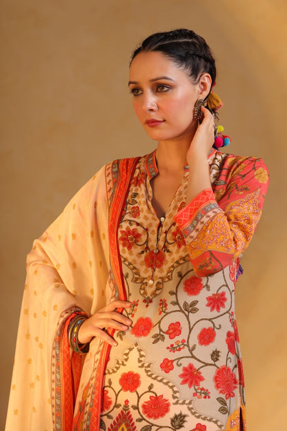 Premium digital crepe printed suit set for women with lining, kurta pant dupatta, thread work detailing