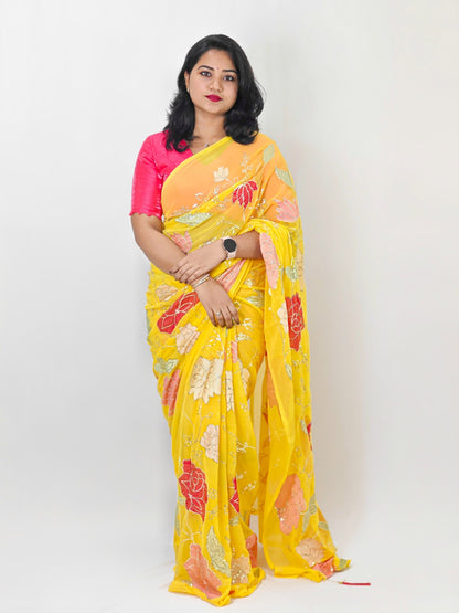 Soft Georgette Party Wear Saree with Colorful Thread Embroidery and Sequence Work for Women