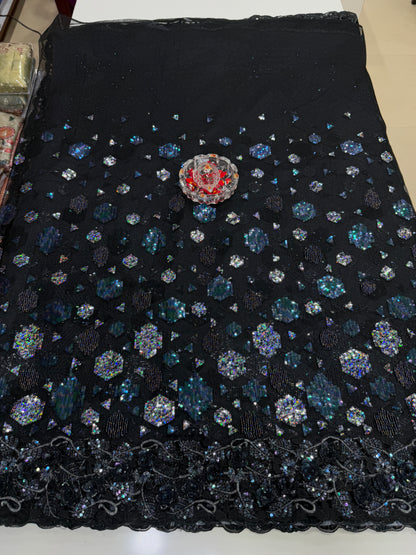 Black Sequin Embroidered Saree for Women – Fancy Designer Fabric with Floral Print Pallu and Lace Border