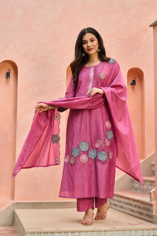 Mal Chanderi Kurta Pant Dupatta Set with Embroidery, Patchwork, and Cutwork – Women’s Suit Set