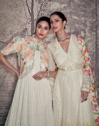 Real Georgette 3-Piece Ethnic Set with Lucknavi Embroidery and Tassel Detailing – Free Size Stitched