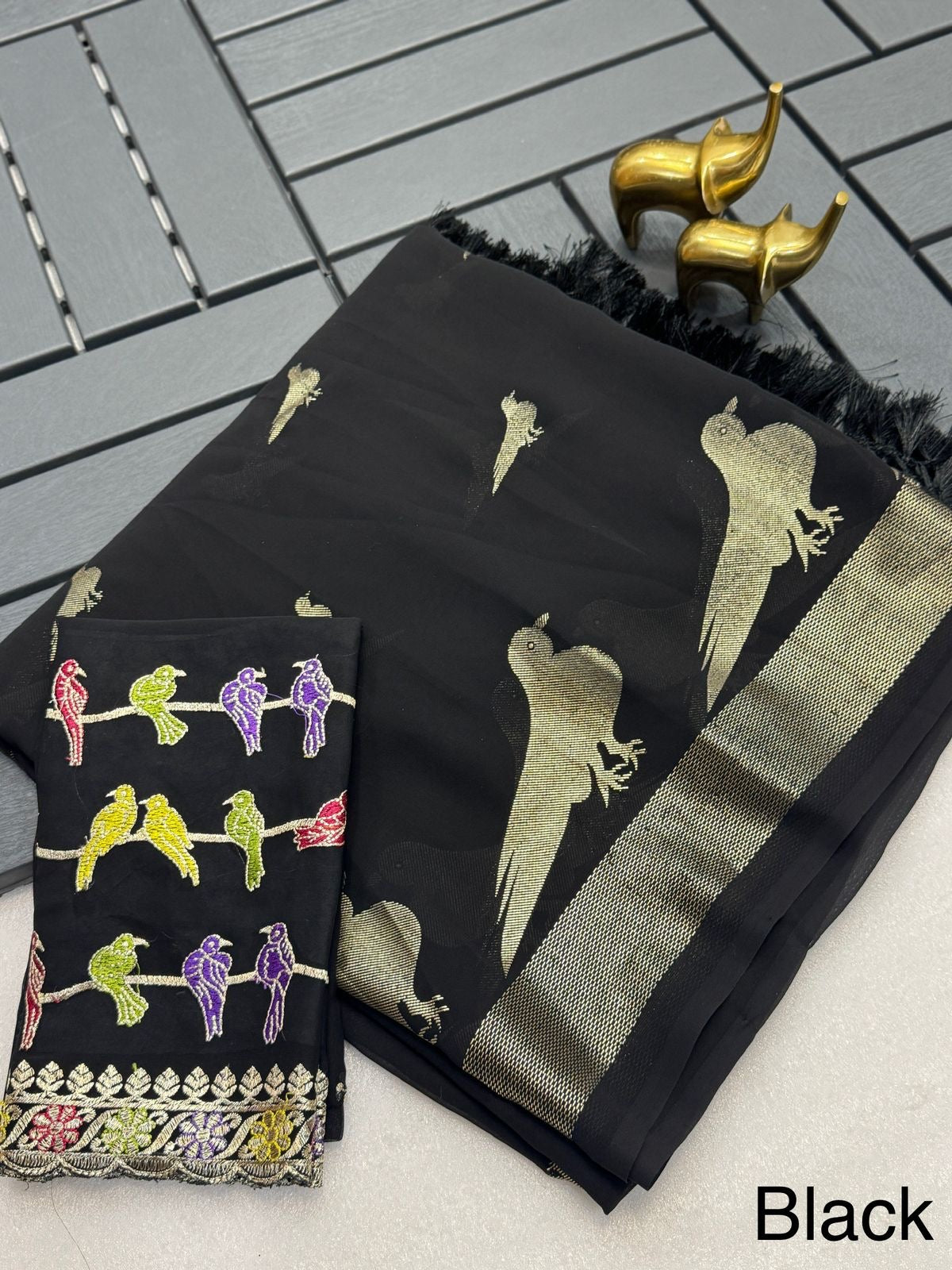 Georgette Foil Print Saree with Zalar Pallu and Embroidered Blouse for Women – Festive Wear