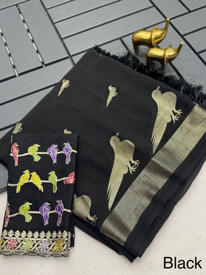 Georgette Foil Print Saree with Zalar Pallu and Embroidered Blouse for Women – Festive Wear