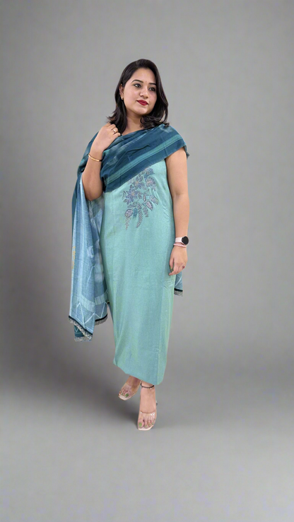 Kashmeeree Embroidered Top with Pure Pashmina Bottom and Silkina Digital Print Dupatta Set for Women