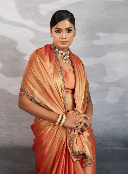 Burberry Chiffon Saree with Zarkan and Cutdana Appliqué Lace Work – Designer Party Wear Saree for Women