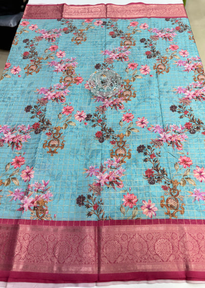 Printed handloom georgette saree for women with woven border and floral design