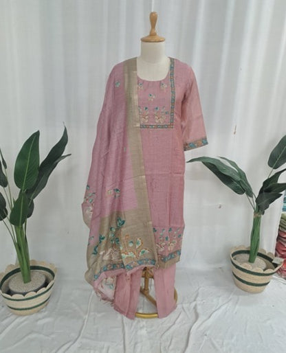 Chanderi embroidered suit set for women with cotton lining, matching bottom and dupatta